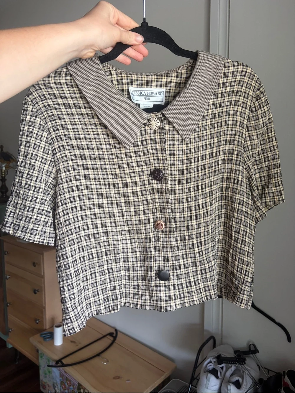 Vintage Jessica Howard Brown & Black Plaid Cropped button down top - Picture 1 of 8
